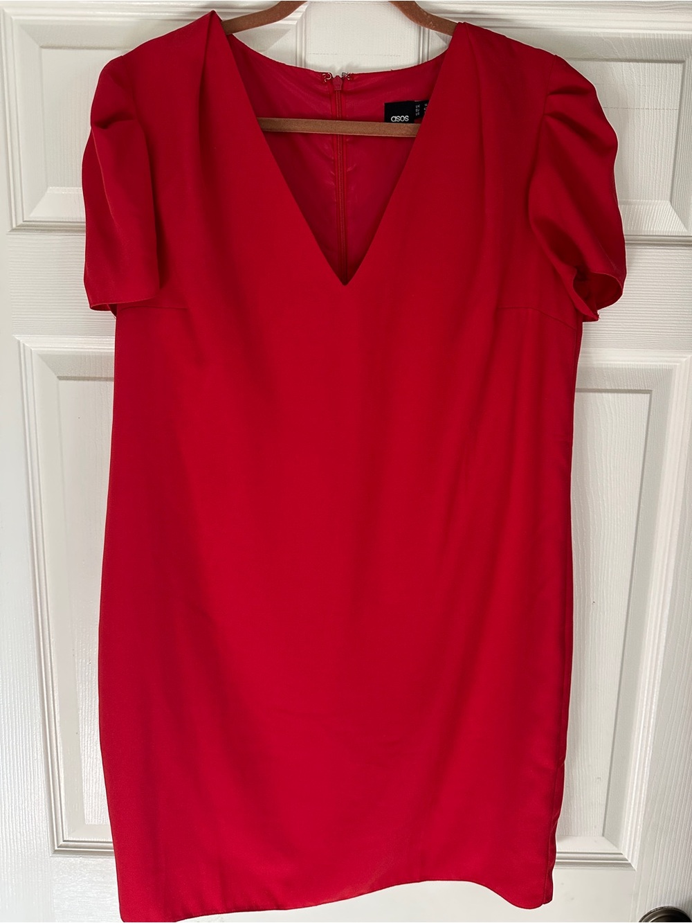 ASOS Bright Red V-Neck Pleated Sleeve Shift Dress Size 10